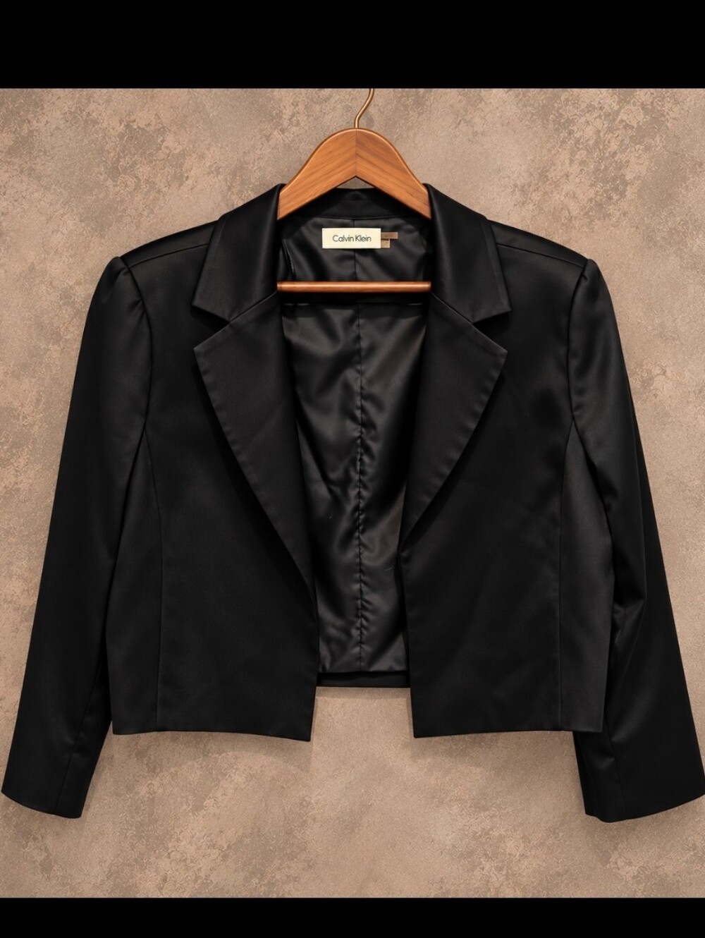 Calvin Klein Black Satin Cropped Blazer With 3/4 Sleeves